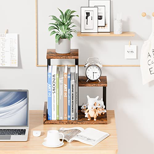 Gannyfer Office Decor Desk Shelf Organizer - Wood Desktop Shelf, Freestanding Desk Hutch, 3 Tier Storage Display Rack, Small Bookshelf with Metal Frame for Books/Plants/Toys (Rustic Brown Black) - color: Brown