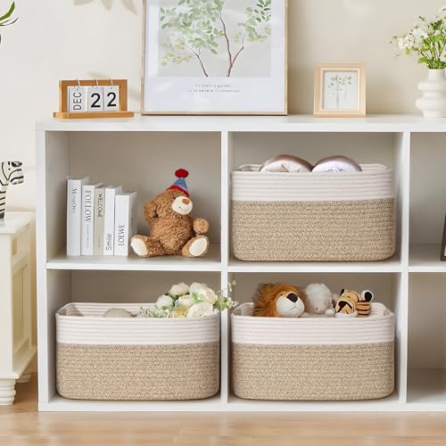2 Pack Large Storage Basket for Organizing, 17.5"x13"x7" Woven Basket for Shelves, Closet Cube Storage Bins with Wrapped Handle, Cotton Rope Baskets for Kitchen, Clothes, Toys(Off White & Brown) - color: Off White & Brown, size: 2 Pack
