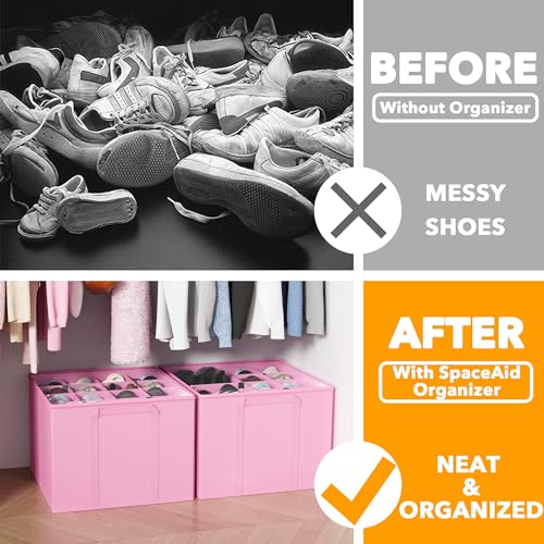 SpaceAid Shoe Organizer for Closet, 2 Pack Foldable Shoe Storage Containers Baskets Boxes Bins w/Adjustable Dividers, Fits 16-32 Pairs, Pink - color: Pink