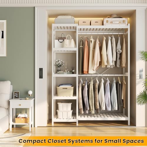 Homykic Bamboo Clothes Rack Garment Rack for Hanging Clothes, Heavy Duty Clothing Rack with 7 Tiers Adjustable Shelves, Double Rods, 4 Hooks, Freestanding Closet System Organizer Wardrobe, White - color: White, size: II Medium