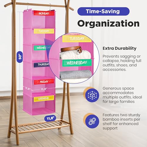 Handy Laundry Hanging Clothes Organizer for Kids - 6-Shelf Closet Daily Clothing Organization Labeled Shelves with Days of The Week Monday Through Friday, Weekday and Weekend (Pink) - color: Pink