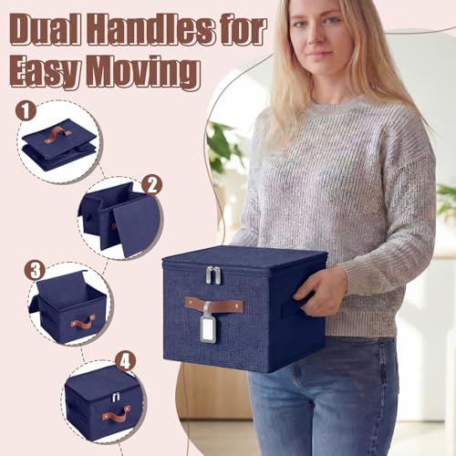 6 Pack Fabric Closet Storage Bins with Zipper Lids and Label, 10×8×7In Large Size Foldable Cotton Linen Storage Cubes Boxes with PU Leather Handles Holders for Bedroom, Nursery, Dark Blue - color: Dark Blue, size: 10×8×7in