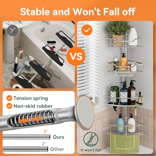 Corner Shower Caddy Tension Pole Rustproof, 4 Tier Adjustable Shower Organizer Tension Pole, 25-125 Inch Bathroom Shower Organizer for Bathtub Shampoo Storage, Silver - color: Silver
