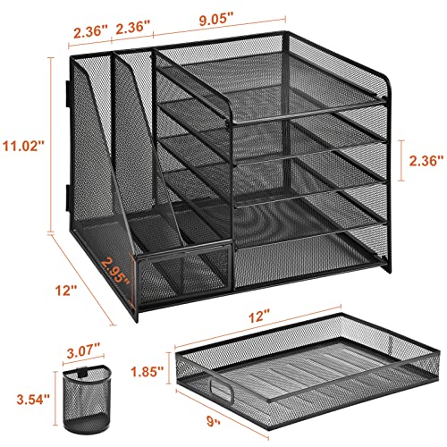 Marbrasse Desk Organizer with File Holder, 5-Tier Paper Letter Tray Organizer with Drawer and 2 Pen Holder, Mesh Desktop Organizer and Storage with Magazine Holder for Office Supplies(Black) - color: Black