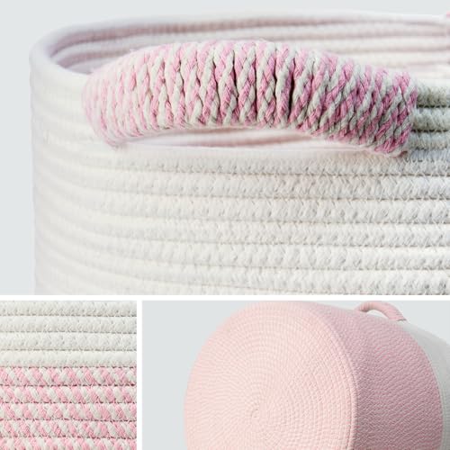 Blanket Basket - Woven Round Rope Storage Basket (16"Wx14"H) for Blankets & Throws, Small Laundry & Toy Organizer, Decorative Living Room & Bedroom Cotton Basket - White & Pink - color: White & Pink, size: Regular-16"Wx14"H