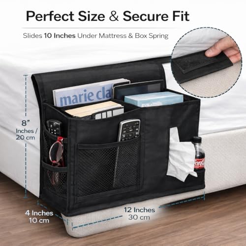 Dependable Industries inc. Essentials 7 Pocket Bedside Caddy Organizer for Bed Couch or Sofa Hanging Storage for Phone Remote Glasses Tissues Magazines Black