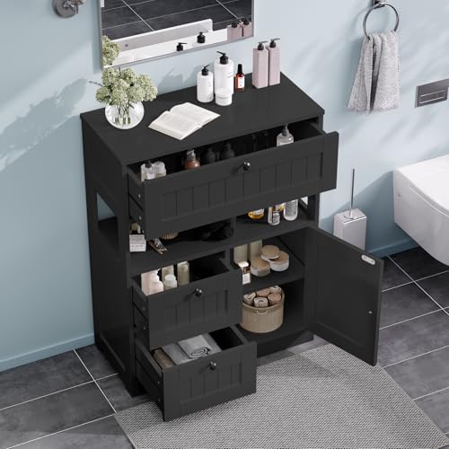GRUSIGN Storage Cabinet, Modern Bathroom Floor Storage Cabinet Organizer with 1 Door and 3 Drawers, Freestanding Cupboard for Kitchen/Living Room Use - color: Black