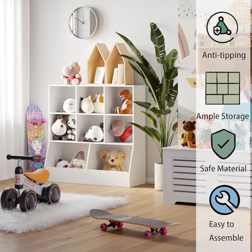 DINZI LVJ Toy Storage Organizer, Kids Bookshelf, Wood Toy Storage Cabinet, 3-Tier 8 Cubby Children Bookcase, 35.4" L Toddler Book Shelf for Playroom, Living Room, Nursery, Hallway, School, White - color: White, size: 3-Tier 35.4"