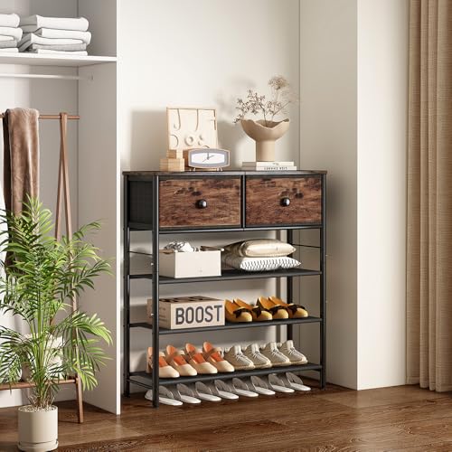 INGIORDAR Shoe Rack Organizer 5 Tier Metal Organizer Shelf with Industrial MDF Board and Layer Fabric for Entryway Closet Bedroom Living Room Garage (Black+Rustic Brown, 4 Tier with 2 Drawers) - color: Black+rustic Brown, size: 4 Tier with 2 Drawers