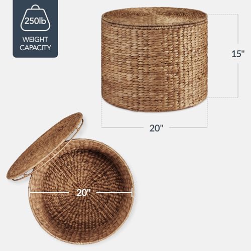 Best Choice Products Large Round Storage Ottoman W/Lid, Handwoven Water Hyacinth Footstool, Accent Stool, Side Table, Storage Container, Plant Stand For Living Room, Office, or Bedroom - Chestnut - color: Chestnut