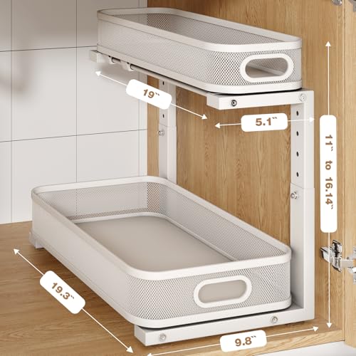 2 Pack 19.3IN-Depth Under Sink Organizer with Smooth Cylindrical Rail,2-Tier Pull Out Multi-Purpose Cabinet Storage for Bathroom&Kitchen,Height Adjustable,Rust-Resistant Coating-White - color: White, size: 2 Pack-19.3"Dx11"-16.14"H