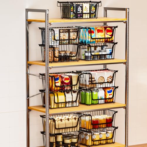 6 Pack Enhanced Leak-Proof Bottom Stackable Wire Baskets, Pantry Organizers and Storage, pantry storage，Shelf Baskets, Fruit Basket, Potato and Onion Storage Bins，(Black) - color: 6Pack-Black Baskets