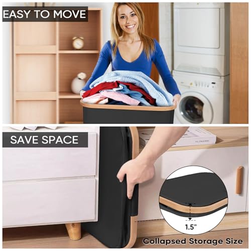 BALEINE Laundry Hamper with Lid, Tall Laundry Baskets with Bamboo Pull Handles, Large Laundry Bin with Internal Support (26Gal/100L, Carbon Black) - color: Carbon Black, size: 100 liters