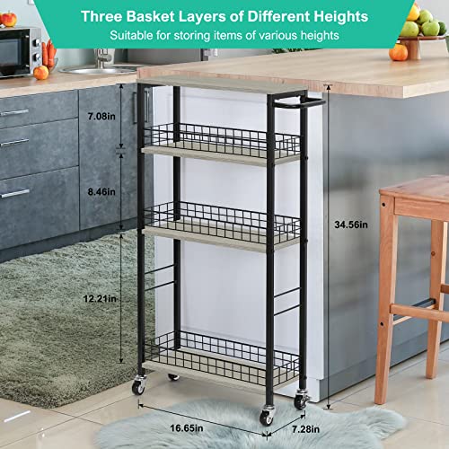 YBING Slim Storage Cart 4 Tier Narrow Rolling Cart on Wheels Mobile Kitchen Narrow Cart with Wooden Tabletop Grey Slim Utility Kitchen Storage Cart with Handle for Living Room 7.3''Wide - color: Grey
