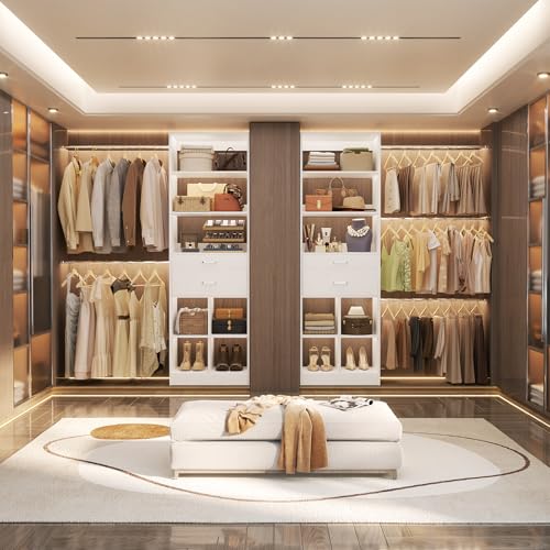 Besiost Closet System, 4-8 FT Closet Organizer Tower with 2 Wooden Drawers and Shelves, Can Fit 60 to 96 inch Walk-in Closet System with 5 Hanging Rods, Built-in, White - color: White