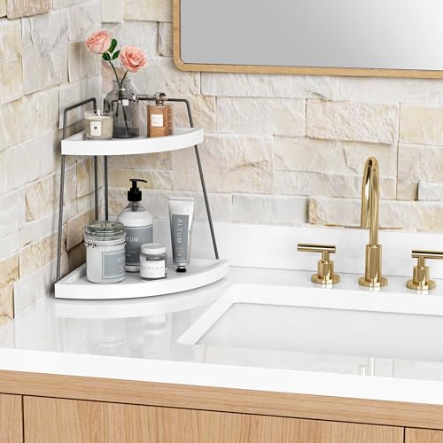 Forbena Corner Bathroom Organizer Countertop, 2Tier Sink Corner Shelf Stand for Kitchen Counter, Modern Coffee Bar Organizer Station, Round Vanity Tray for Men Desk Organization -White and Grey - color: Grey-white