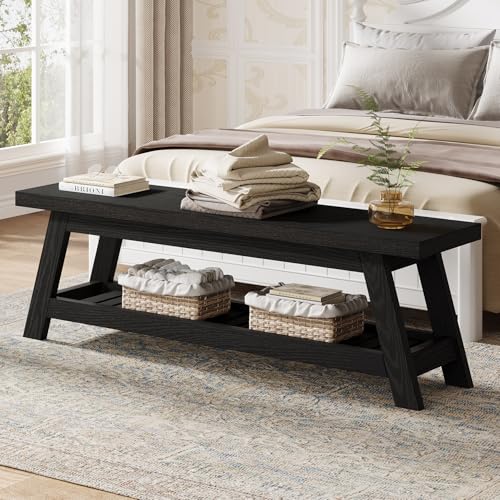 Tribesigns Wood Black 2-Tier Entryway Bench with Shoe Storage, 55" Large Narrow Hallway Foyer Seating Bench with Open Shelves for Entryway, Bedroom, Mudroom - color: Black