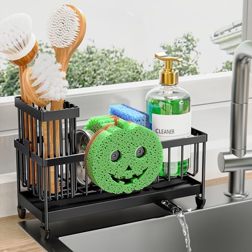 Cisily Sponge Holder for Kitchen Sink, Sink Caddy Organizer with High Brush Holder, Kitchen Countertop Organizers and Storage Essentials, Rustproof 304 Stainless Steel (Black with Smiley Face, 9.25″) - color: Black With Smiley Face