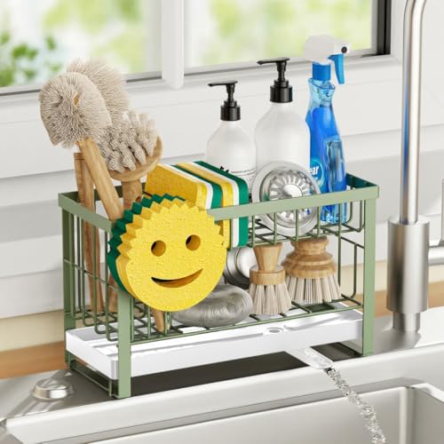 Sponge Holder for Kitchen Sink with Flexible Sink Caddy Smiley Face,2 Tier Kitchen Sink Organizer Countertop and Storage Essentials,Soap Dispenser Organize,Home Decor Accessories-Green - color: 2 Tier Green