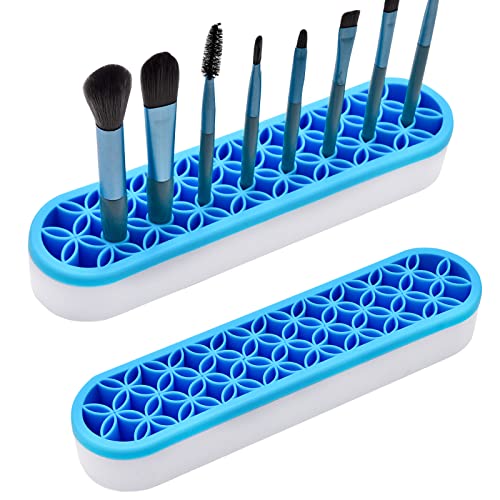 2 PCS Multi-Purpose Cosmetic Storage Box, Desktop Organizers Silicone Make Up Brush Storage Stand Desktop Storage Box for Brush,Eyeliner Pencil,Art Supplies, Painting Brush(Blue) - color: Blue