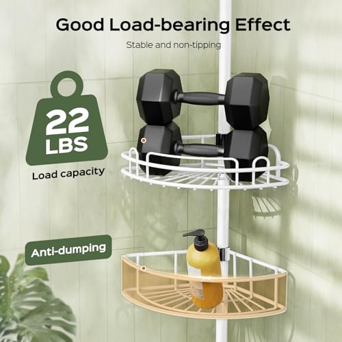 HAMITOR Corner Shower Caddy Tension Pole: Rustproof Bathroom Organizer Shelves for Bathtub Shampoo Accessories Storage Holder - 47-121 Inch Adjust - White - color: White