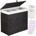 Greenstell Laundry Hamper with Lid, 125L Large Clothes Hamper with 3 Section & 2 Section Removable Liner Bags & 5 Mesh Laundry Bags, Handwoven Synthetic Rattan Divided Laundry Basket, Black - color: Black