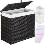 Greenstell Laundry Hamper with Lid, 125L Large Clothes Hamper with 3 Section & 2 Section Removable Liner Bags & 5 Mesh Laundry Bags, Handwoven Synthetic Rattan Divided Laundry Basket, Black - color: Black