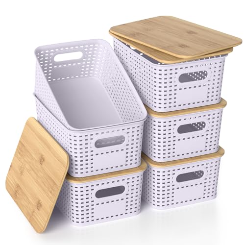 Plastic Storage Baskets with Bamboo Lids, Stackable Small Box Bins for Organizing and Containers for Shelves Drawers Desktop Closet Pantry Classroom Office Home, 6 Pack 10.2"x7.2"x4.1" Lavender - color: Lavender