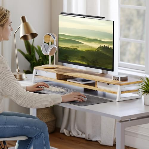 Fenge Dual Monitor Stand, Monitor Riser with Drawer, 42.5 Inch Large Computer Monitor Stand for 2 Monitors, 2 Tier Wooden Desk Shelf for Top of Desk - color: Dark Oak
