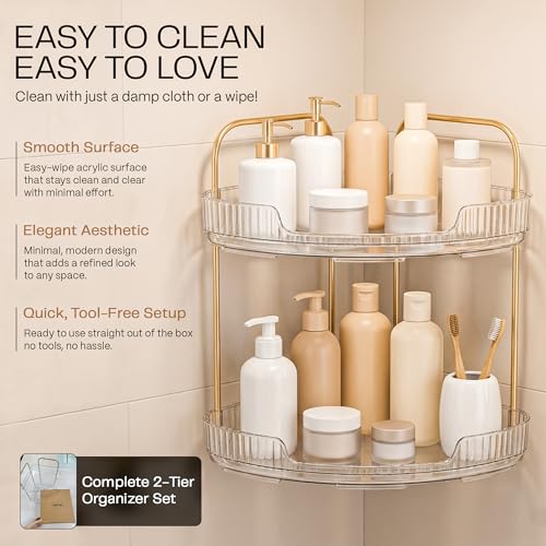 2-Tier Acrylic Corner Bathroom Organizer with Handle Round Skincare & Makeup Storage Tray, Waterproof, Lightweight, Heat Resistant Vanity Shelf for Countertop, Kitchen, Bedroom, Dresser