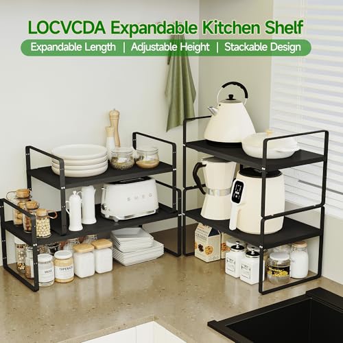 Expandable Cabinet Organizer Shelf, Adjustable Height Organizer Riser for Kitchen Cabinet Spice Rack Locker Pantry Cupboard Under Sink Countertop Desk Organization Metal Stackable Shelves - color: Black-1pack