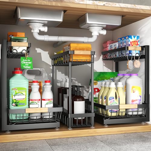 Sevenblue 3 Pack Under Sink Organizer, Height Adjustable 2 Tier Pull-Out Metal Under Kitchen Sink Organizer, Multi-Purpose Storage Shelves for Kitchen Bathroom Cabinet - color: Black