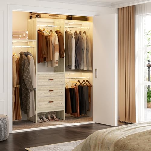 Armocity 5FT Small Closet System with 3 Fabric Drawers, 60'' Walk In Closet Organizer System With 3 Adjustable Shelves, Heavy Duty Clothes Rack Built-In Garment Rack, 59" L x 16" W x 71"H, White Oak - color: White Oak