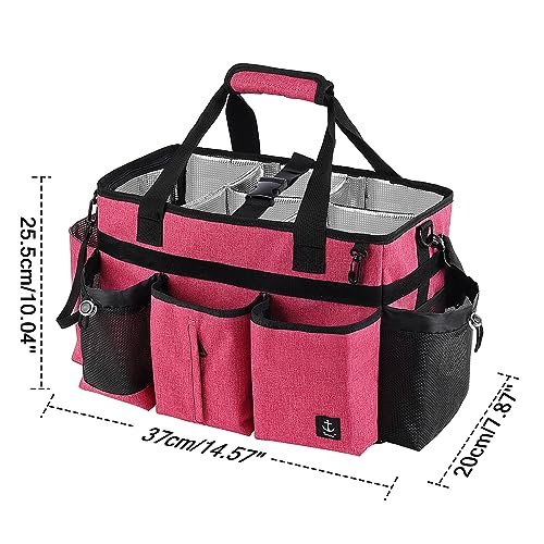 Large Cleaning Caddy Bag Built-in Sturdy Support Board, Cleaning Organizer with Detachable Divider, Cleaning Supply Tote with Adjustable Shoulder Strap&Waist Belt for Cleaners & Housekeeper - color: Rose Red