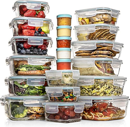 Razab 35 Pc Set Glass Food Storage Containers with Lids - Meal Prep Airtight Bento Boxes BPA-Free 100% Leak Proof (15 lids,15 glass & 5 Plastic Sauce/Dip Containers) - color: Blue