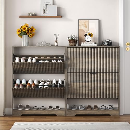 HUANLEGO Shoe Cabinet Storage for Entryway with 2 Flip Drawers, Grey Fluted Shoe Cabinet with Open Storage, Wooden Hidden Shoe Rack Freestanding Narrow Slim Shoes Organizer for Hallway, Entrance - color: Grey, size: 2 Drawer
