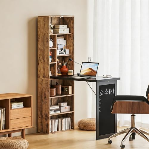 Folding Writing Desk with Storage Shelves, Fold Out Convertible Wall Mounted Table with Blackboard, Foldable Computer Murphy Desk for Small Spaces,Home Office (Natural) - color: Natural