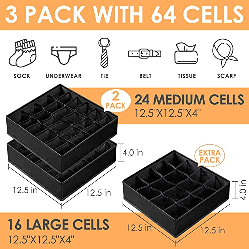 Criusia 3 Pack Sock Underwear Organizer Dividers, 64 Cell Fabric Foldable Cabinet Closet Organizers and Storage Boxes for Storing Socks, Underwear, Ties (16+24+24 Cell, Black) - color: Black, size: A - 3 Pack & 64 Cells