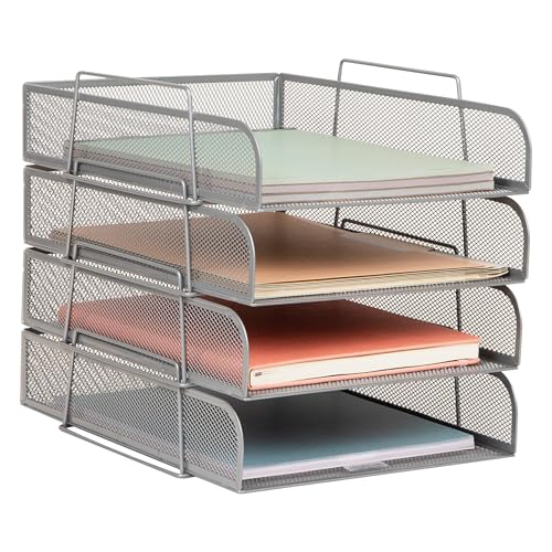 Mind Reader Stackable Paper Tray, Desktop Organizer, File Storage, Office, Metal Mesh, 10.5" L x 13.5" W x 11.25" H, 4 Pcs., Silver - color: Silver