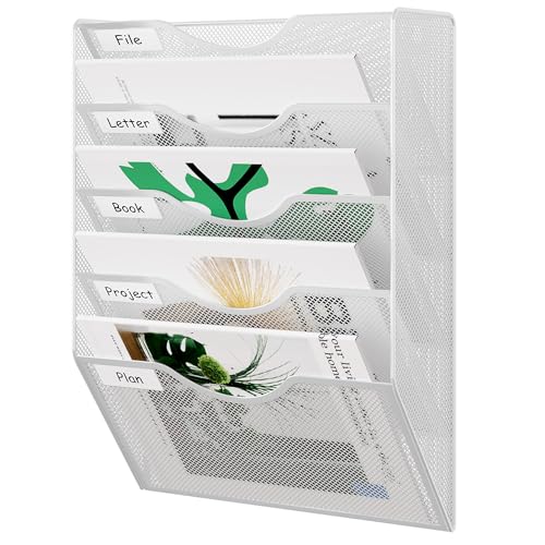 EasyPAG Wall File Organizer 5 Tier Hanging Paper Folder Holder, Zero Assembly Metal Mesh Wall Mounted Mail Organizer for Office Home Classroom Narrow Spaces, White - color: White, size: 5 Tier
