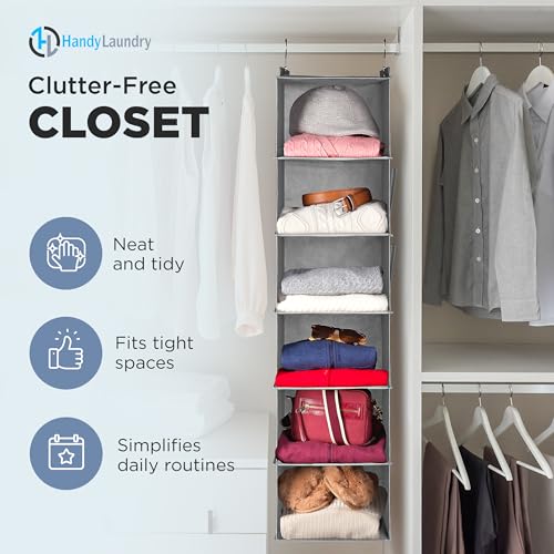 Handy Laundry Hanging Closet Organizer - 6 Shelf Storage for Clothes, Sweaters, Shoes & Accessories - Space-Saving Wardrobe Shelves with Hooks for Dorm, RV & Small Closet Organization (Grey) - color: Gray