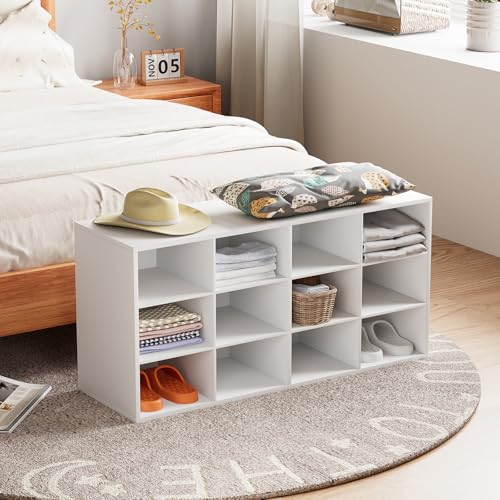 Aenuert 12-Cubby Shoe Rack, 3-Tier Wood Shoe Organizer, Multifunctional Shoe Organizer Bench for Entryway, Mudroom, Hallway, Closet,36.22 * 11.81 * 17.72 Inch,White - color: White, size: 12-cube 3-tier