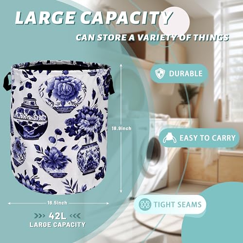 Blue White Floral Laundry Basket Foldable With Handles Vase Flower Tote Bag Oxford Cloth Color Laundry Hamper Clothes Storage Bucket Toy Organizer For Bathroom/Laundry/Bedroom 18.9"x16.5 " - color: Blue and White Vase Floral Flowers