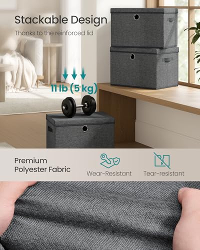 SONGMICS Storage Bins with Lids, 3 Pack Stackable Fabric Storage Boxes, Odorless PP Sheets, Foldable Cube Baskets Organizers with Handles, 16.9 x 11.8 x 11.8 Inches, Slate Gray URFB545GN01 - color: Slate Gray, size: 16.9"L x 11.8"W x 11.8"H