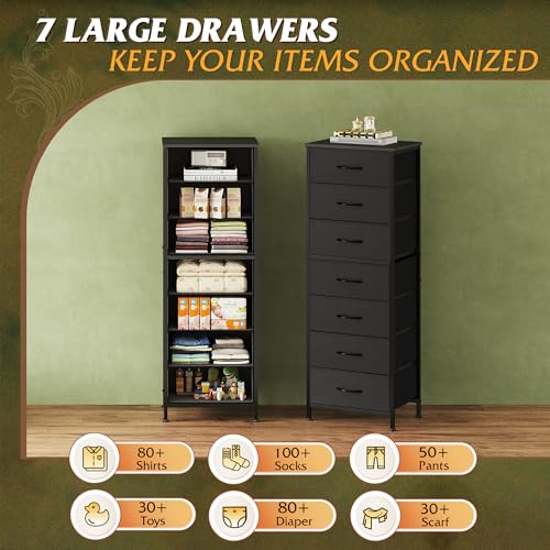 WLIVE Black Tall Dresser for Bedroom, 7 Drawer Dressers & Chests of Drawers, Fabric Dresser for Closet, Living Room, Night Stand with Metal Frame, Storage Tower with Fabric Bins, Wood Top - color: Black, size: 11.73"D x 15.67"W x 45.28"H
