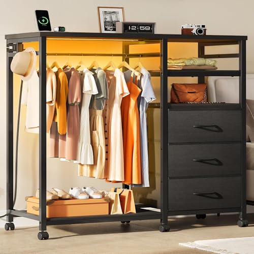 WLIVE Black Dresser with Hanging Rack for Bedroom, 3 Drawer Dresser with LED Lights & Charging Station, Fabric Dressers & Chest of Drawers, Storage Organizer with Open Shelves for Living Room - color: Black