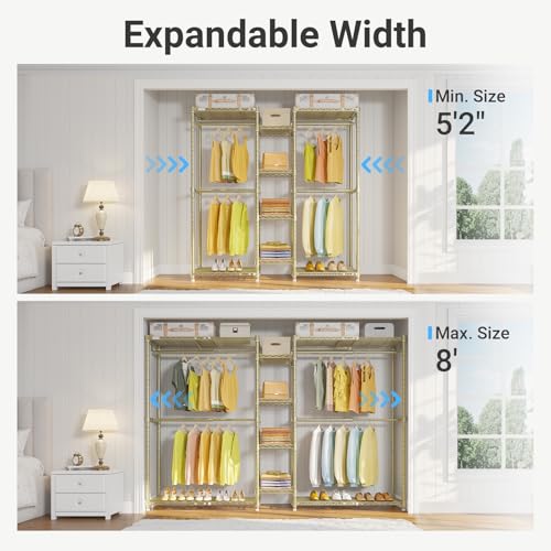 VIPEK X3 Expandable Heavy Duty Clothes Rack Adjustable from 5'2" to 8' with Adjustable Shelves and Hanger Rods, Large Freestanding Clothing Racks Reach-in & Walk-in Closet, Max Load 1210LBS, Gold - color: Gold, size: X3