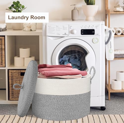 21" x 18" Extra Large storage baskets,Decorative blanket basket with lid for Living room,rope baskets with lid,wicker hamper for bedroom,Big,Round,White & Grey 115L - color: White & Grey
