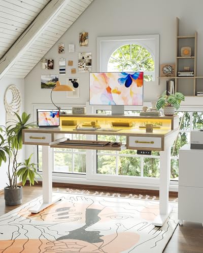 TIQLAB Standing Desk with Two Drawers, Stand Up Standing Desk Adjustable Height, Electric Sit Stand Table with Storage Shelf and Splice Board, with LED Light, 55 * 28 inch, Maple - color: Maple, size: 55*28 inch with keyboard tray