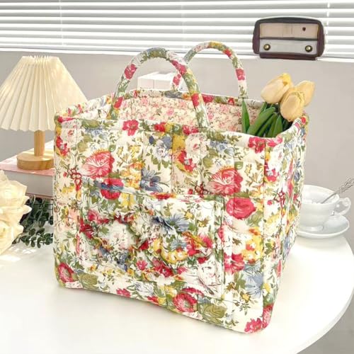 Quilted Fabric Basket Foldable Car Storage Boho Floral Laundry Basket Hamper for Nursery Bedroom & Living Room | Organize Clothes Toys - color: Blooming Spring